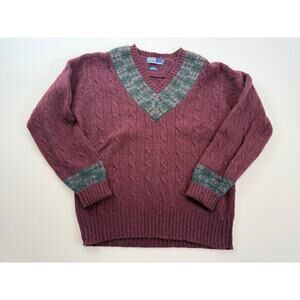 Ralph Lauren Polo Cable Knit Wool Sweater Burgundy Plaid Trim Size Large